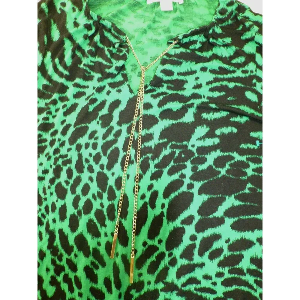 Michael Kors Green & Black Animal Print Long Sleeve Blouse With Gold Chain Accen